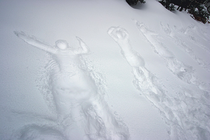 ポーズを決めて静かに倒れるだけの雪遊び　雪男の行列